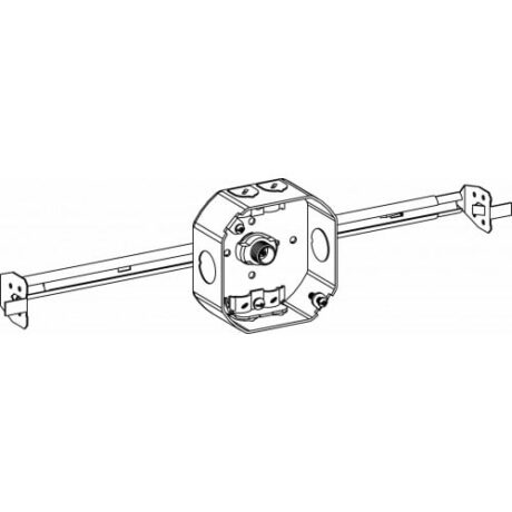 1-1/2" DEEP, 4" (4O) WELDED OCTAGON STEEL BOX WITH NM CLAMPS AND BAR HANGER