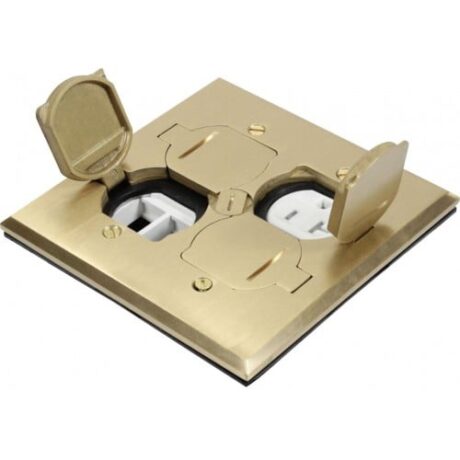 FLOOR BOX COVER ONLY, FLIP TYPE WITH 1 DUPLEX RECEPTACLE(T.R.) & 4 LOW-VOLTAGE, SQUARE COVER, BRASS FLB-DL-C-BR