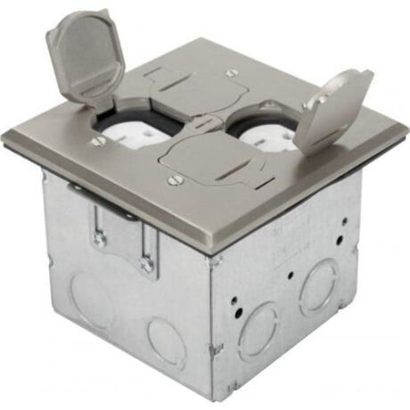 ADJUSTABLE FLOOR BOX FLIP TYPE WITH 2 DUPLEX RECEPTACLES(T.R.), SQUARE COVER, STAINLESS STEEL FLB-DD-SS