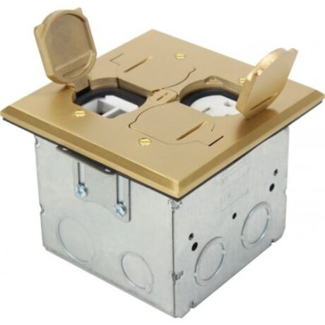 ADJUSTABLE FLOOR BOX FLIP TYPE WITH 1 DUPLEX RECEPTACLE(T.R.) & 4 LOW-VOLTAGE, SQUARE COVER, BRASS FLB-DL-BR