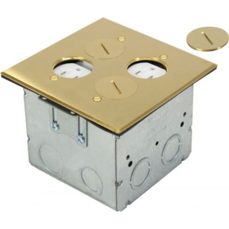 ADJUSTABLE FLOOR BOX ROUND PLUG TYPE WITH 2 DUPLEX RECEPTACLES(T.R.), BRASS FLB-R2G-DD-BR
