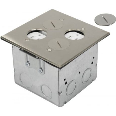 ADJUSTABLE FLOOR BOX ROUND PLUG TYPE WITH 2 DUPLEX RECEPTACLES(T.R.), STAINLESS STEEL FLB-R2G-DD-SS