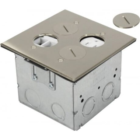 ADJUSTABLE FLOOR BOX ROUND PLUG TYPE WITH 1 DUPLEX RECEPTACLE(T.R.) & 4 LOW-VOLTAGE, SQUARE COVER, STAINLESS STEEL FLB-R2G-DL-SS