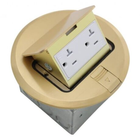 FLOOR BOX POP UP WITH DUPLEX RECEPTACLE (T.R.), ROUND COVER, BRASS FLBPU-D-R-BR
