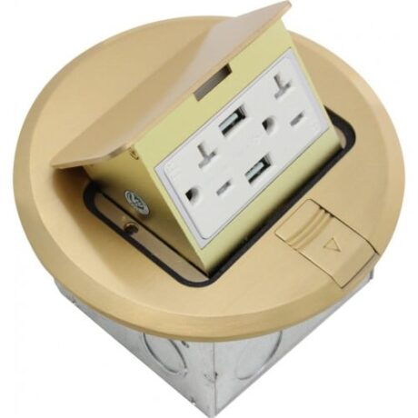 FLOOR BOX POP-UP WITH 1 DUPLEX RECEPTACLE (T.R.), 2 USB PORTS WITH 5VDC, ROUND COVER, BRASS FLBPU-DU-R-BR