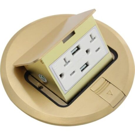 FLOOR BOX POP-UP COVER ONLY WITH 1 DUPLEX RECEPTACLE (T.R.), 2 USB PORTS WITH 5VDC, ROUND COVER, BRASS FLBPU-DU-R-C-SS