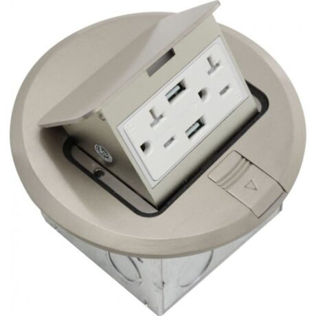 FLOOR BOX POP-UP WITH 1 DUPLEX RECEPTACLE (T.R.), 2 USB PORTS WITH 5VDC, ROUND COVER, STAINLESS STEEL FLBPU-DU-R-SS