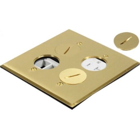 FLOOR BOX COVER ONLY ROUND PLUG TYPE WITH 1 DUPLEX RECEPTACLE(T.R.) & 4 LOW-VOLTAGE, SQUARE COVER, BRASS FLB-R2G-DL-C-BR